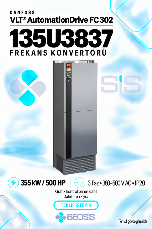 Danfoss 135U3837 VLT AutomationDrive FC 302 355 kW 380–500 V IP20 Grafik Panelli ve Fren Kıyıcılı Motor Hız Kontrol Cihazı