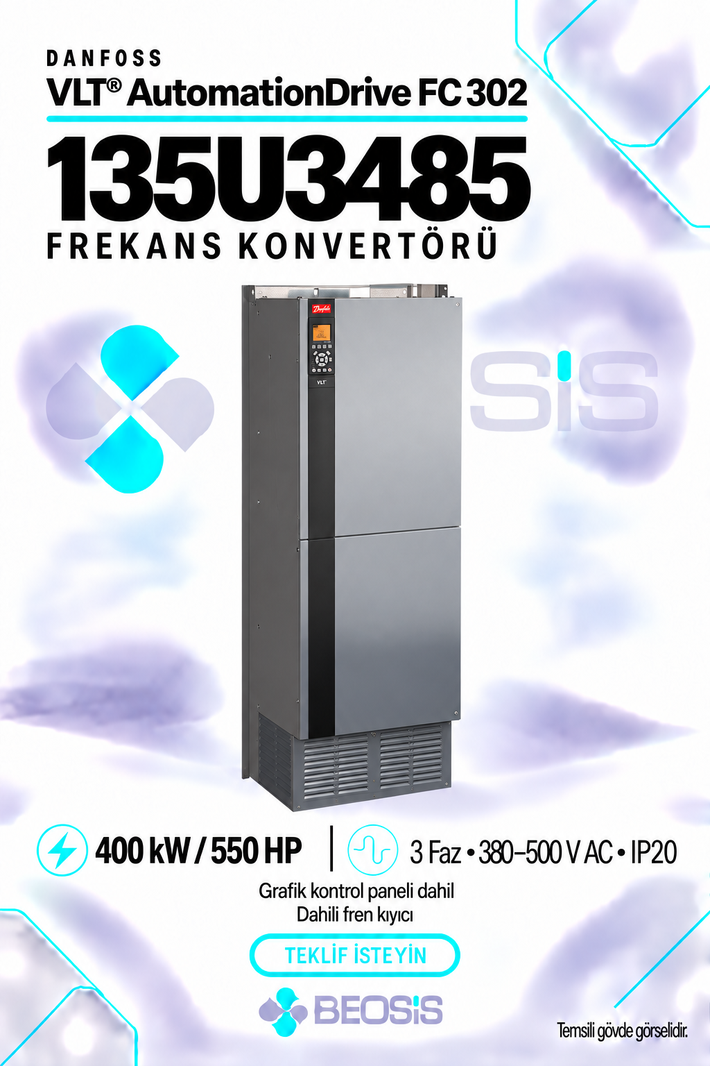 Danfoss 135U3485 VLT AutomationDrive FC 302 400 kW 380–500 V IP20 Grafik Panelli ve Fren Kıyıcılı Motor Hız Kontrol Cihazı