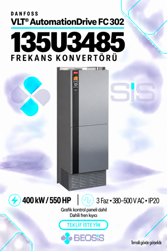 Danfoss 135U3485 VLT AutomationDrive FC 302 400 kW 380–500 V IP20 Grafik Panelli ve Fren Kıyıcılı Motor Hız Kontrol Cihazı
