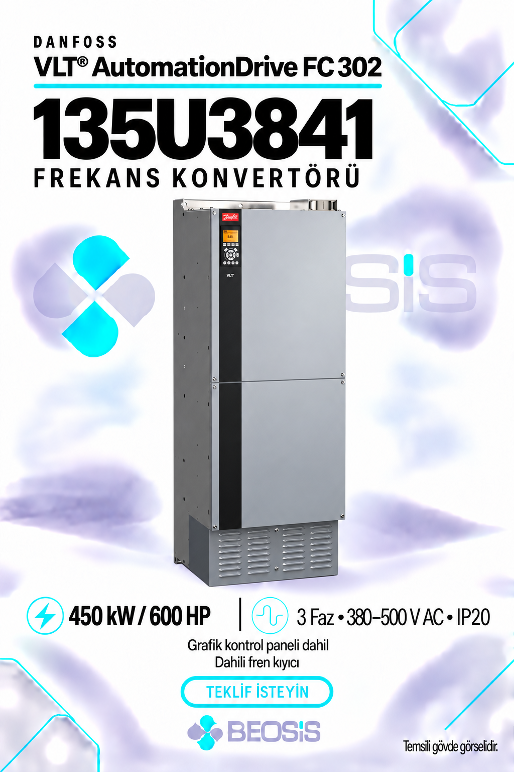 Danfoss 135U3841 VLT AutomationDrive FC 302 450 kW 380–500 V IP20 Grafik Panelli ve Fren Kıyıcılı Motor Hız Kontrol Cihazı