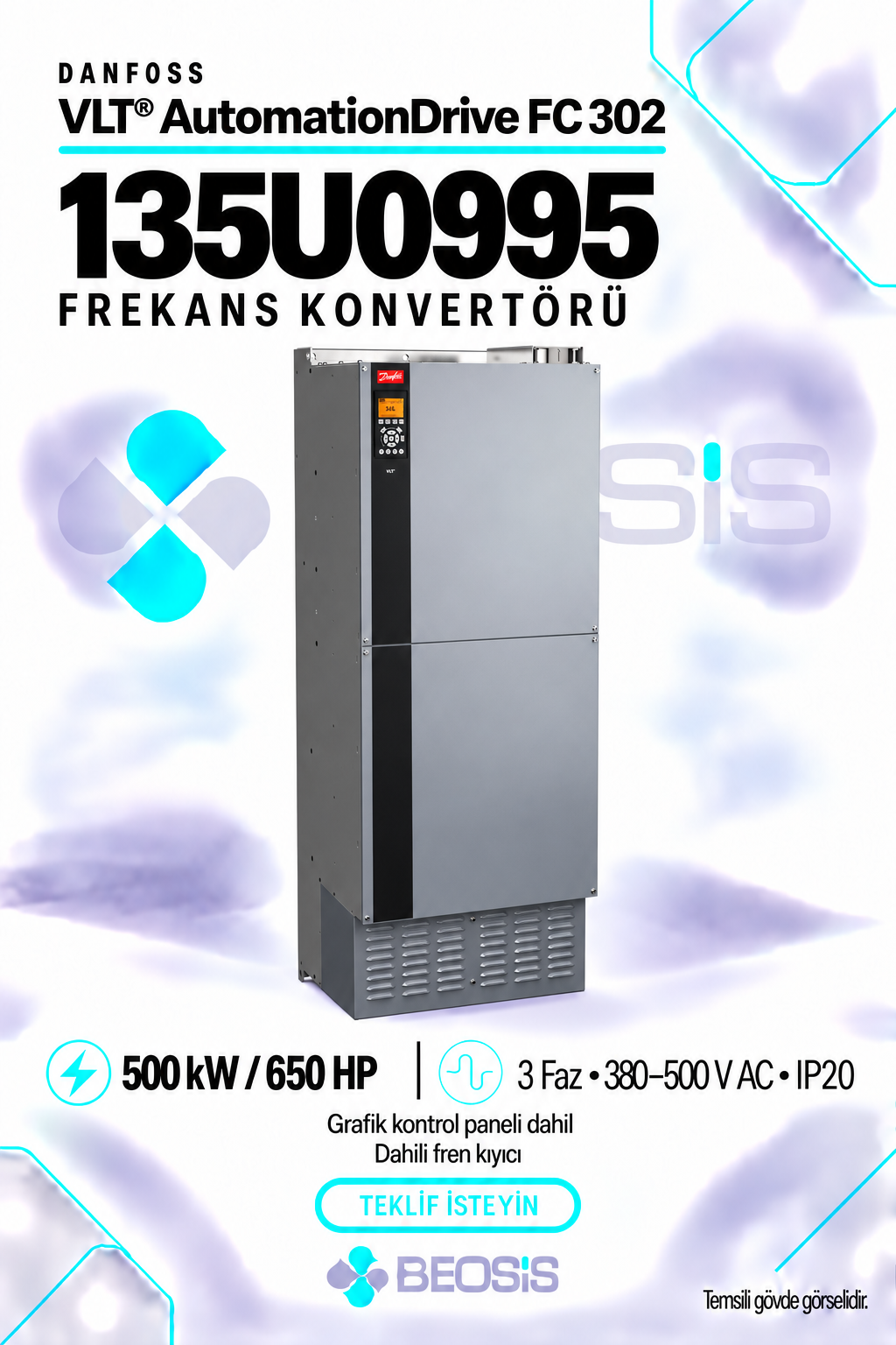 Danfoss 135U0995 VLT AutomationDrive FC 302 500 kW 380–500 V IP20 Grafik Panelli ve Fren Kıyıcılı Motor Hız Kontrol Cihazı
