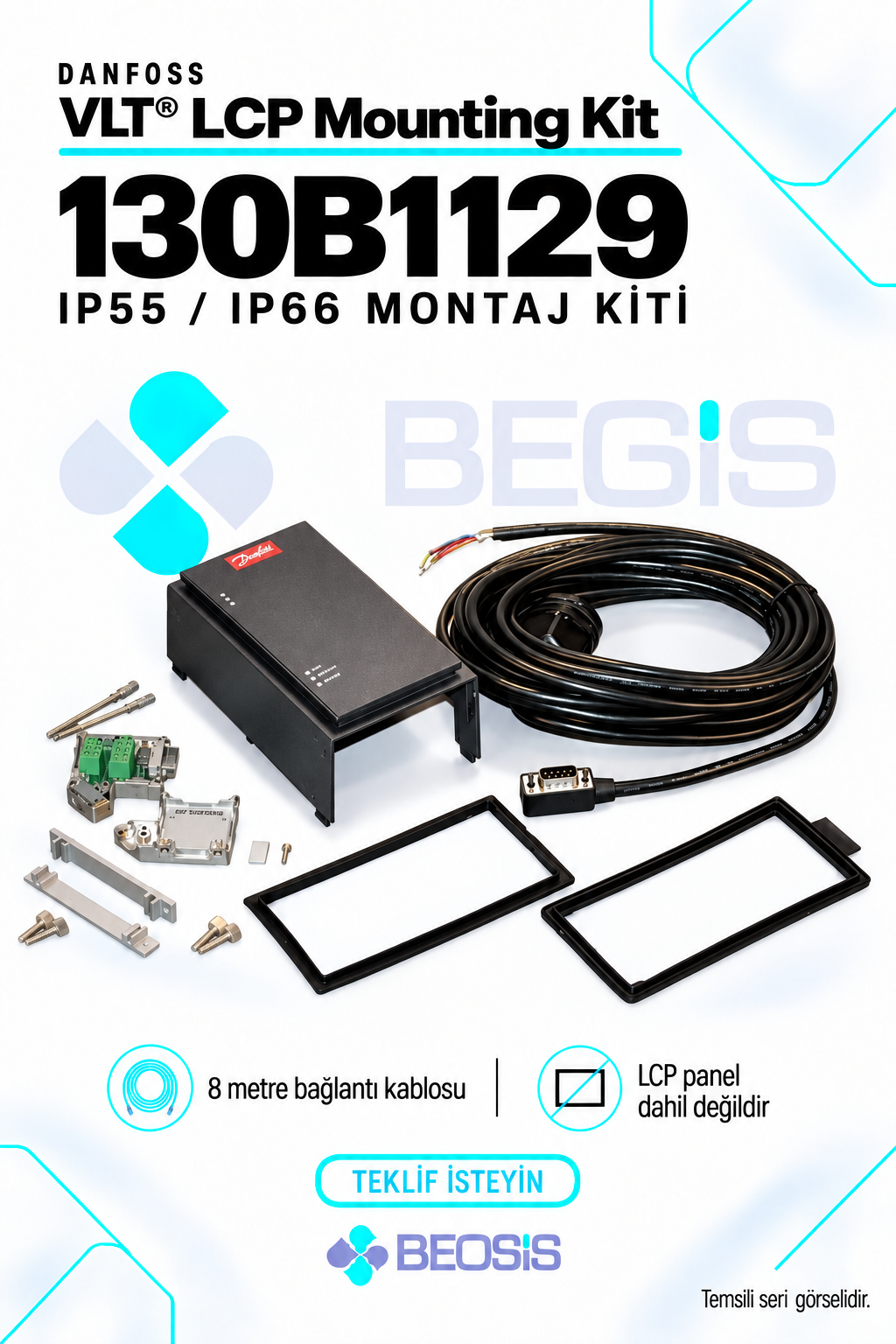 Danfoss 130B1129 VLT LCP Panel Montaj Kiti – IP55/IP66, 8 Metre Kablo, Panelsiz